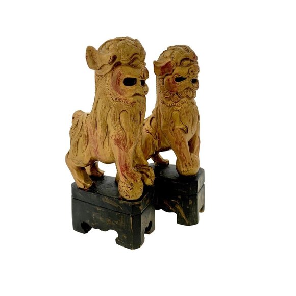 Foo Dog Figurine Pair Fu Lion Carved Wood Gold Gilt Asian Antique Oriental Decor - Picture 3 of 10